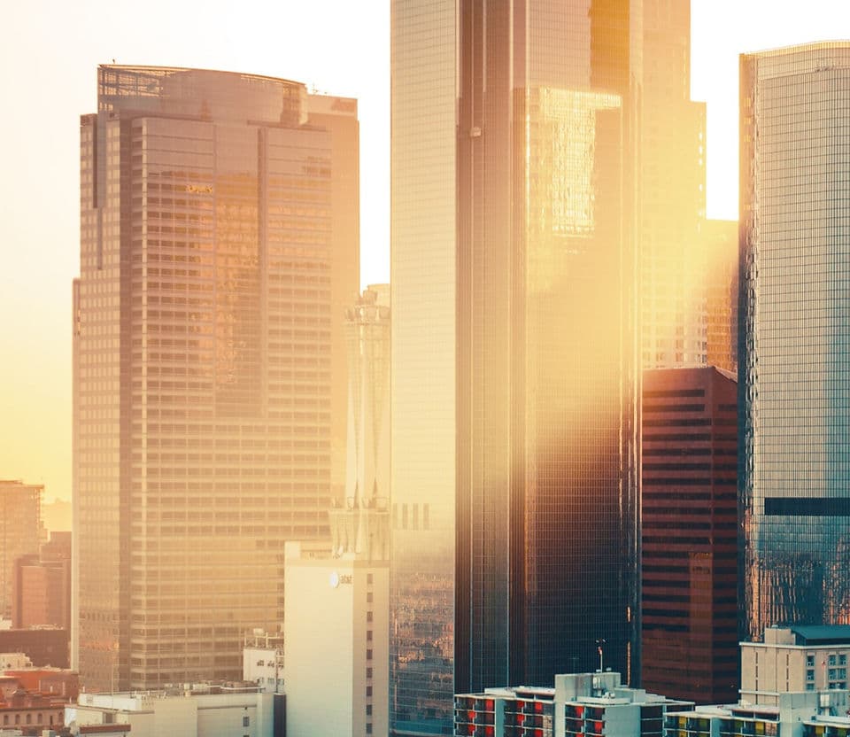 City skyline at sunset